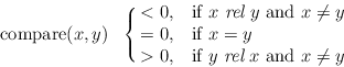 \begin{displaymath}
\mathrm{compare}(x,y)\ \
\cases{ < 0, &if $x$\ {\it rel} $y...
... &if $x = y$\cr
> 0, &if $y$\ {\it rel} $x$\ and $x \ne y$}
\end{displaymath}