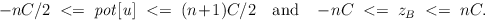 $-nC/2 \;<=\; \mathit{pot}[\mathit{u}] \;<=\; (n+1)C/2 \quad\mathrm{and}\quad -nC \;<=\; z_B \;<=\; nC.$